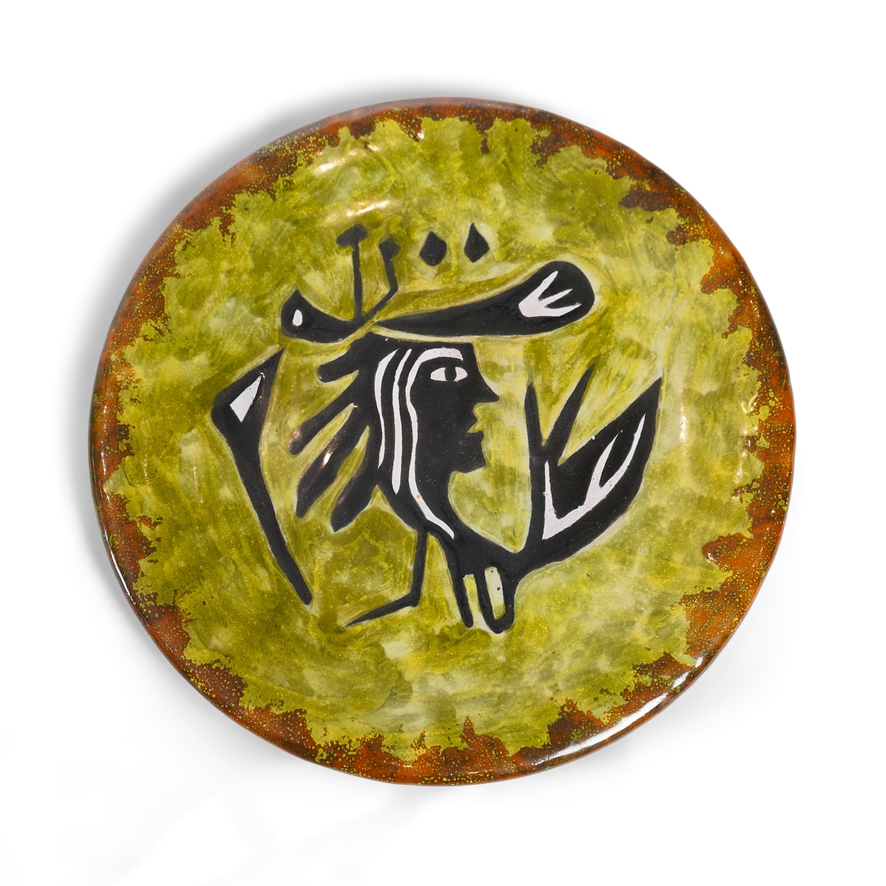 Jean Lurçat (1892-1966): A green glazed earthenware plate, decorated with a stylised central figure